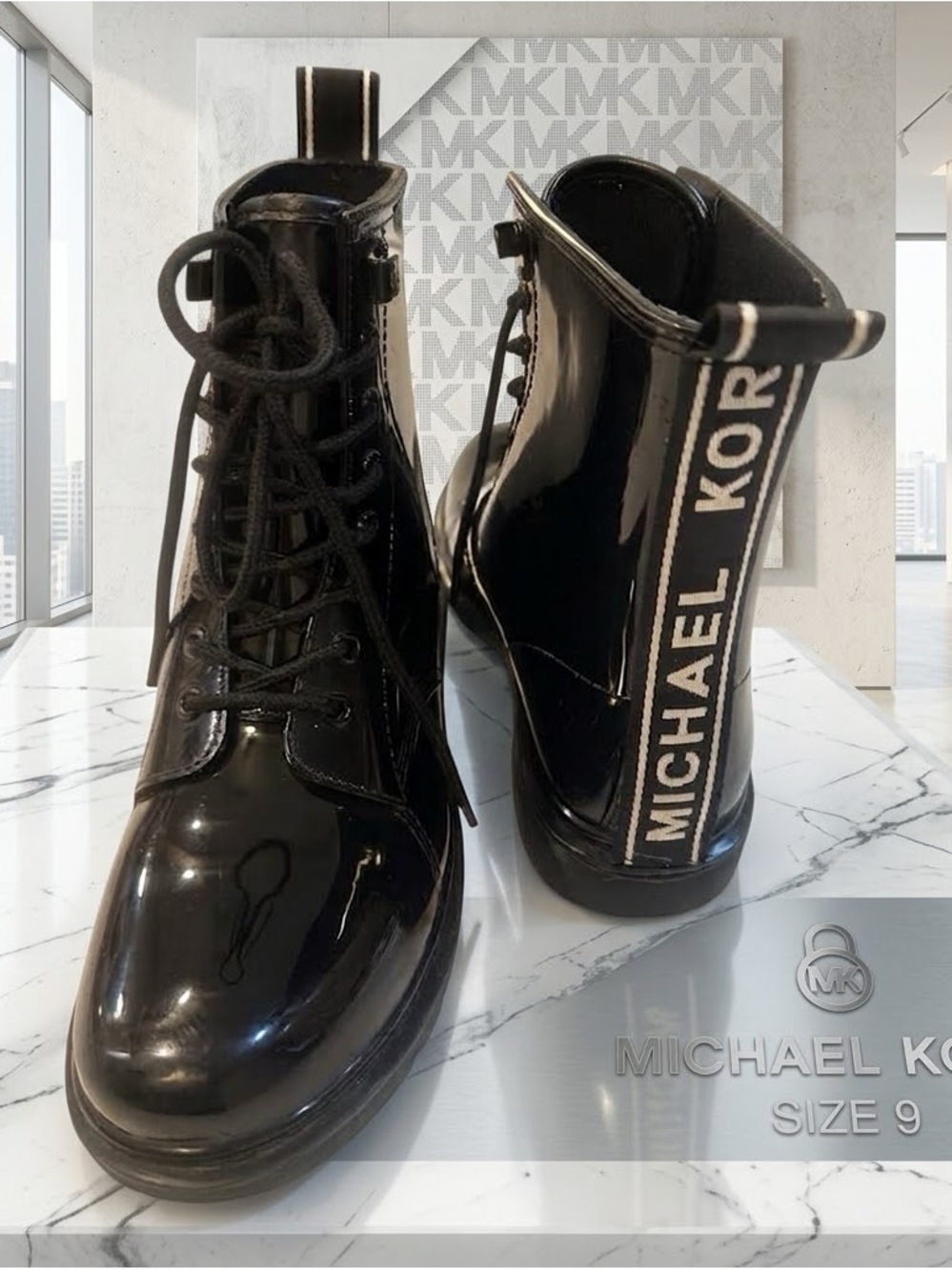 MICHAEL KORS Black Patent Lace-Up Ankle Heavy Boots with Branded Back Tab Size 9